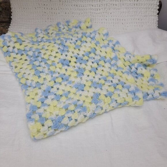 Baby Receiving Blanket Hand Crocheted 30" x 30" blue yellow white no flaws SOFT - Picture 1 of 6